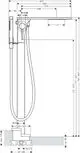 Technische Zeichnung eines bodenstehenden Einhebel-Wannenmischers von AXOR, mit Maßangaben zu Variationen sowie Anschlussdetails für die Installation.